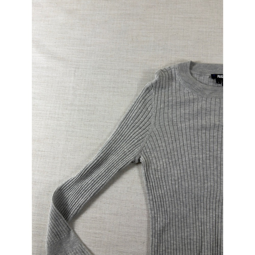 PAIGE Sweater Womens L Gray Ribbed Knit Ruffle Bell Sleeve Crew Neck Pullover - Picture 5 of 10